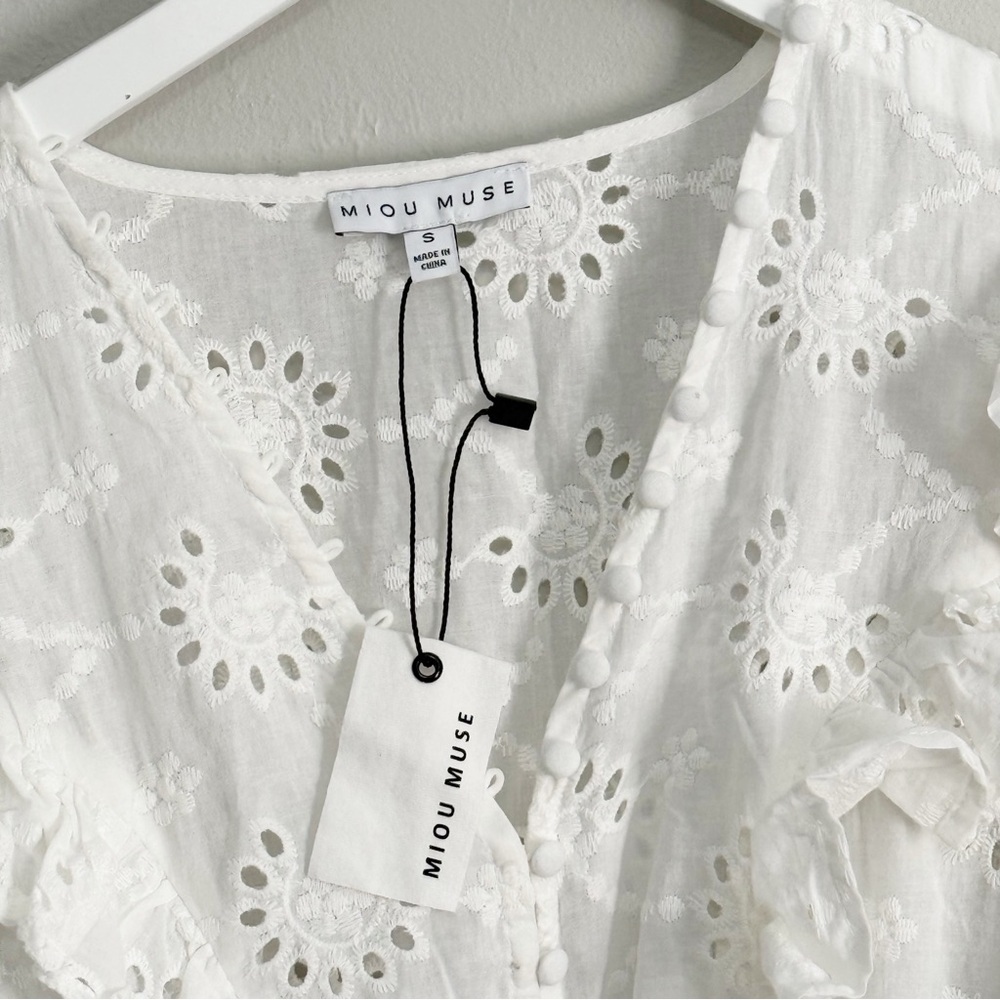 New MIOU MUSE VICI Women’s White Eyelet Ruffle FLORENCE Dress Puff Sleeve Sz S - Picture 6 of 10